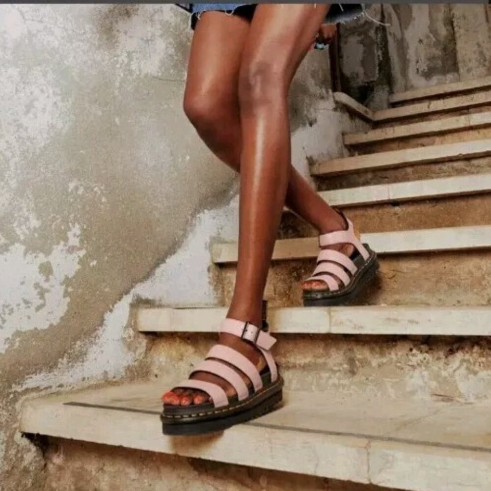Dr. Martens: “Blaire” Sandals in Peach Beige Pisa Leather